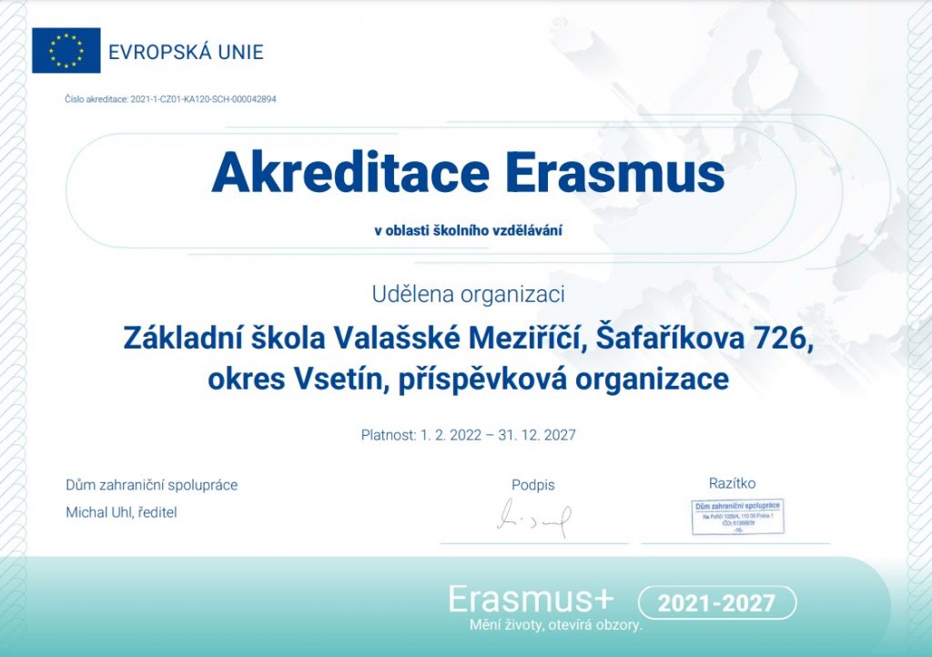 Certifikát akreditace Erasmus +